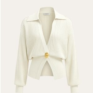 Commense Ribbed Collared Metal Button Cardigan